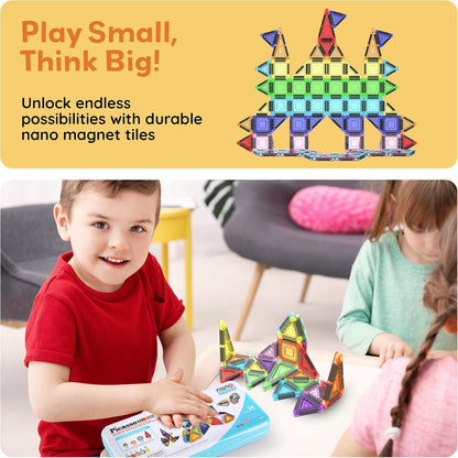 PicassoTiles 80 PCs Magnetic Tiles Travel Size Mini Version Building Block Construction Set for Kids Great Gift Ages 3+ Boys & Girls Preschool Kindergarten Montessori Playing Toys Stacking Fun PTM80