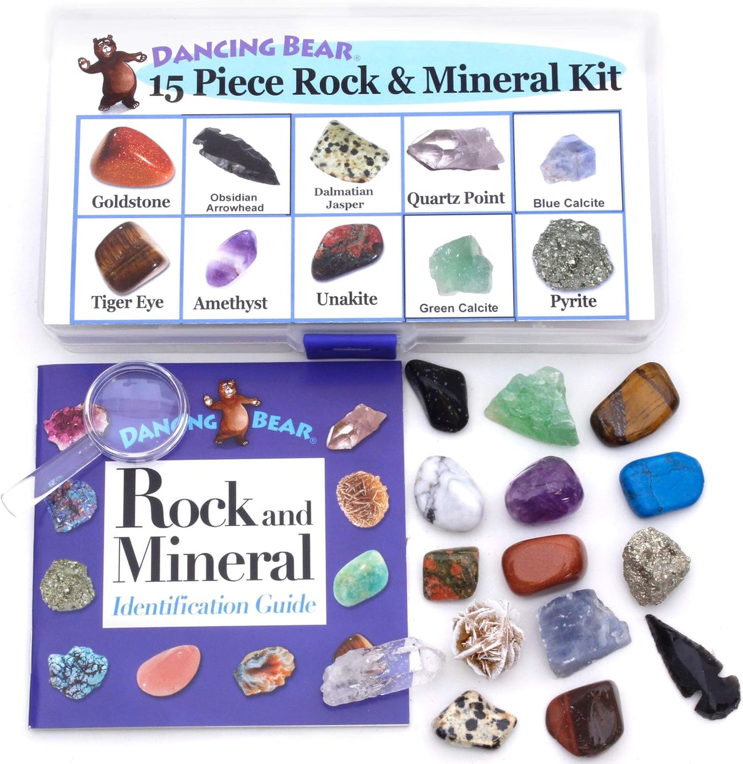 DANCING BEAR Rock, Mineral & Geodes Treasure Hunt Activity Kit (250 Pc Set) Real Shark Teeth Fossils, ID Sheet & Rock Book, STEM