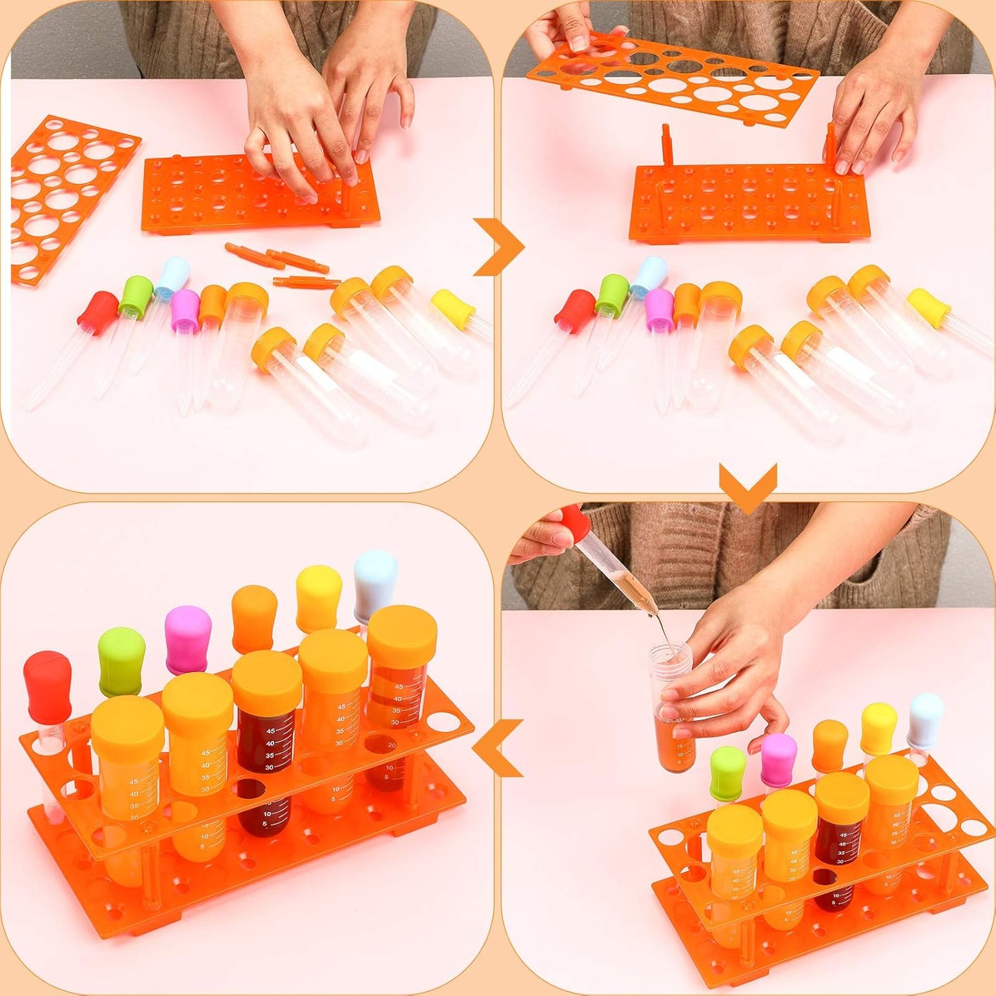 Weewooday 12 Pieces Jumbo Test Tubes with Stand Set, Primary Science Including 5 Jumbo Test Tubes, 6 Pieces Liquid Droppers Silicone and 1 Piece Storage Stand, Multi Color, Ages 6 and Above