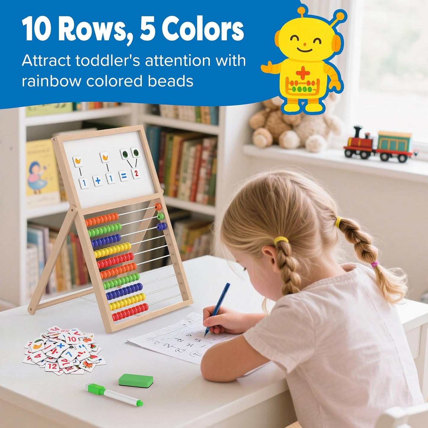 Wooden Abacus for Kids Math - Double-Sided Blackboard Whiteboard for Toddlers with 308 Magnetic Number & Fruit Cards, 100 Counting Sticks Montessori Educational Toys Homeschool Essentials