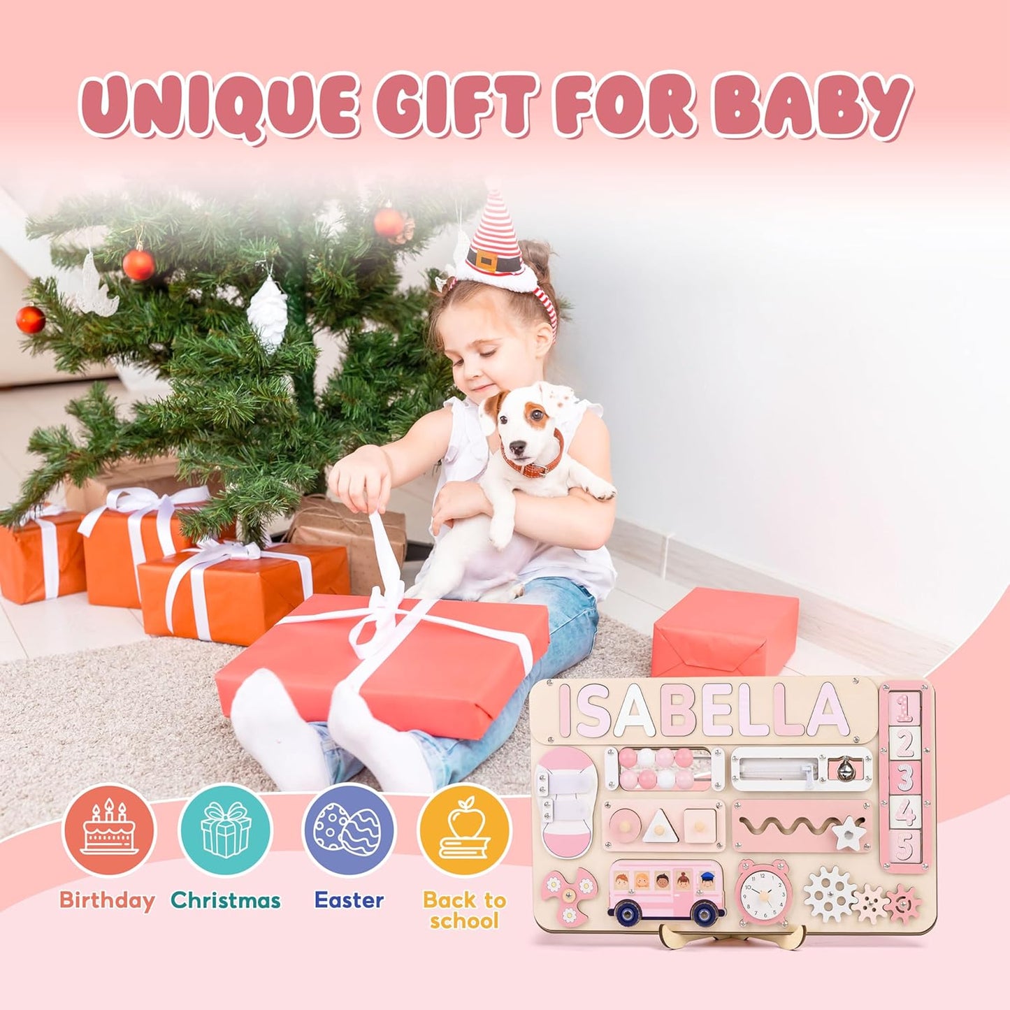Montessori Busy Board with Personalized Name Puzzle, Wooden Sensory Activity Toy for Toddlers 1-3, First Birthday Gift
