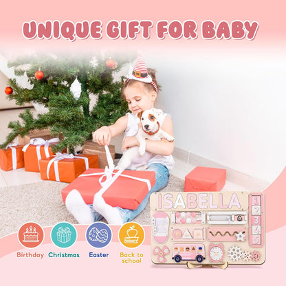 Montessori Busy Board with Personalized Name Puzzle, Wooden Sensory Activity Toy for Toddlers 1-3, First Birthday Gift
