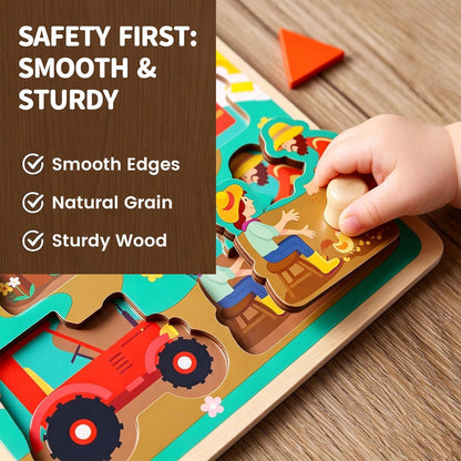 LovesTown Wooden Peg Puzzles Learning Toys Montessori Educational Knob Puzzle with Handles for Toddlers Preschool Kids 4 PCS