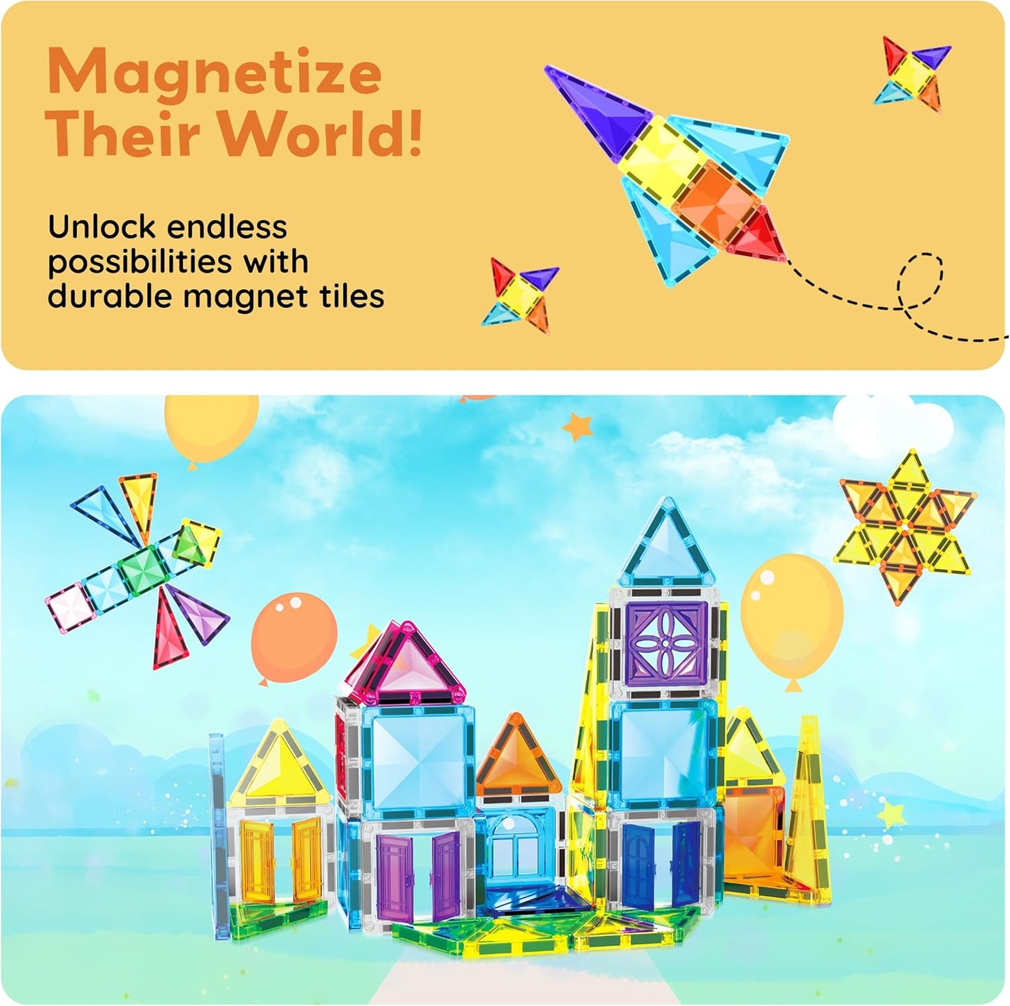 PicassoTiles 60 pcs Mini Magnetic Tiles Magnet Toys Travel-Friendly On-The-Go Building Blocks for Kids Compact Lightweight Creative playset Preschool Montessori Early Learning STEM Kids Toy Ages 3+.