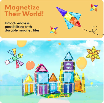 PicassoTiles 60 pcs Mini Magnetic Tiles Magnet Toys Travel-Friendly On-The-Go Building Blocks for Kids Compact Lightweight Creative playset Preschool Montessori Early Learning STEM Kids Toy Ages 3+.