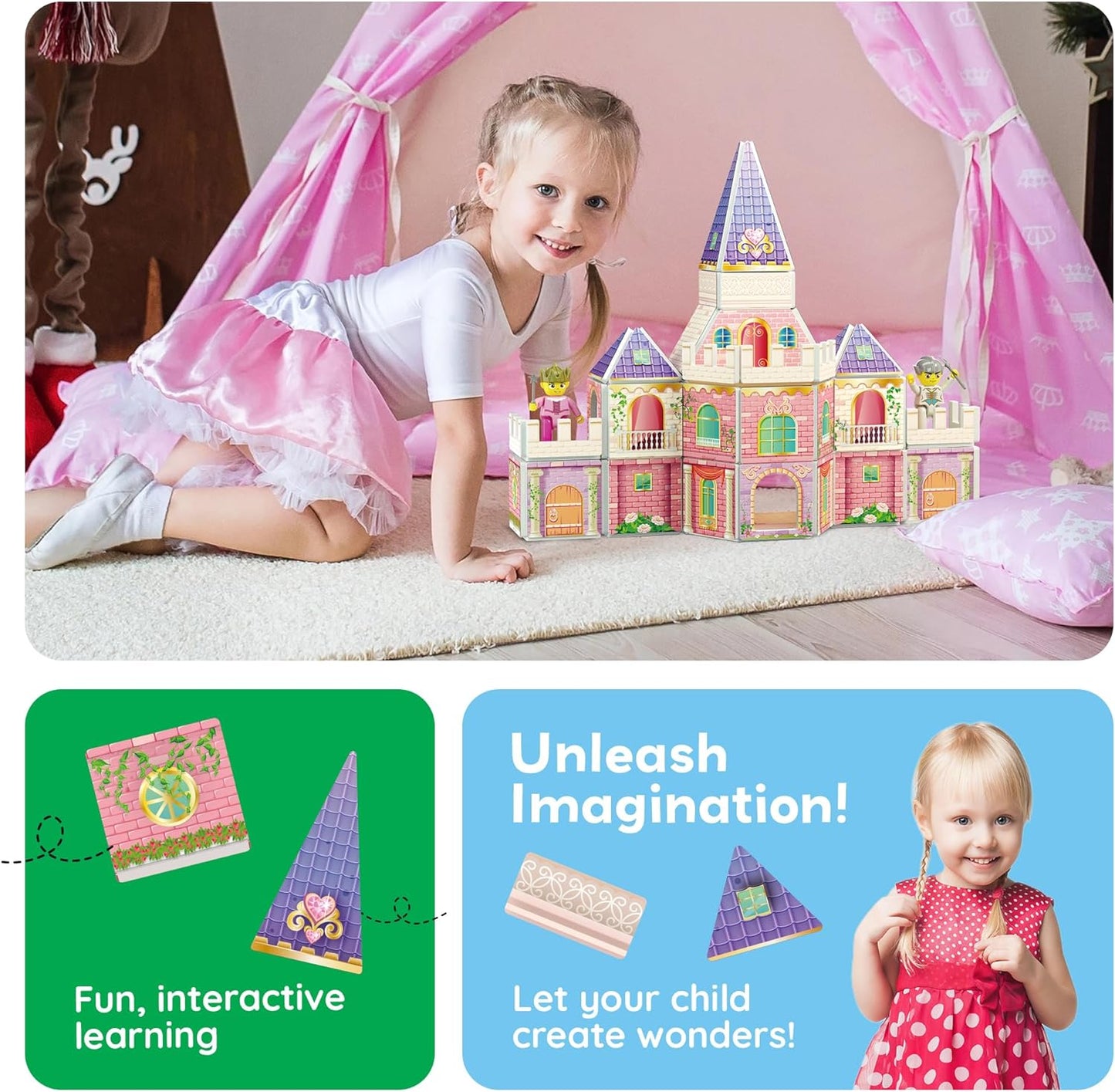 PicassoTiles 60pc Magnetic Tile Princess Castle Building Set with Double Sided Printed Tiles 2 Character Figures STEM Educational Toy Kit for Kids Pretend Play Montessori Learning Ages 3 to 8 PTQ04
