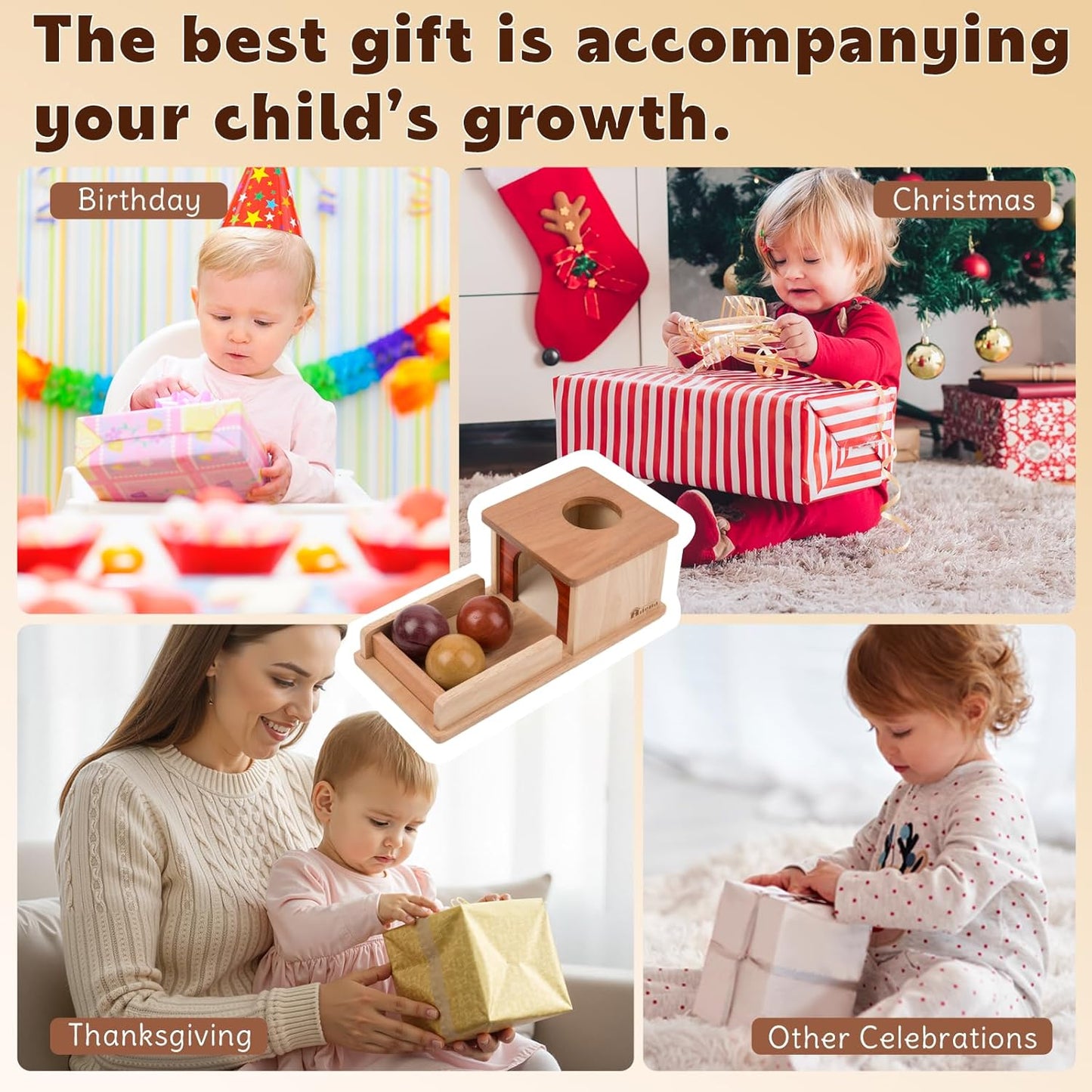 Adena Montessori Wooden Toy for 6-12 Month Baby 3 Balls with Tray, Object Permanence Box Colorful Learning Education Toy for Toddler Kid 1-2 Year Old, Preschool Developmental Girl and Boy Gift