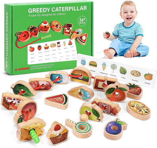 Wooden Greedy Caterpillar Rope Toy, 2.5in Fruit & Vegetable Caterpillar Lacing Bead String Game, Montessori Fine Motor Skills Farm Toys for 3+ Year Old