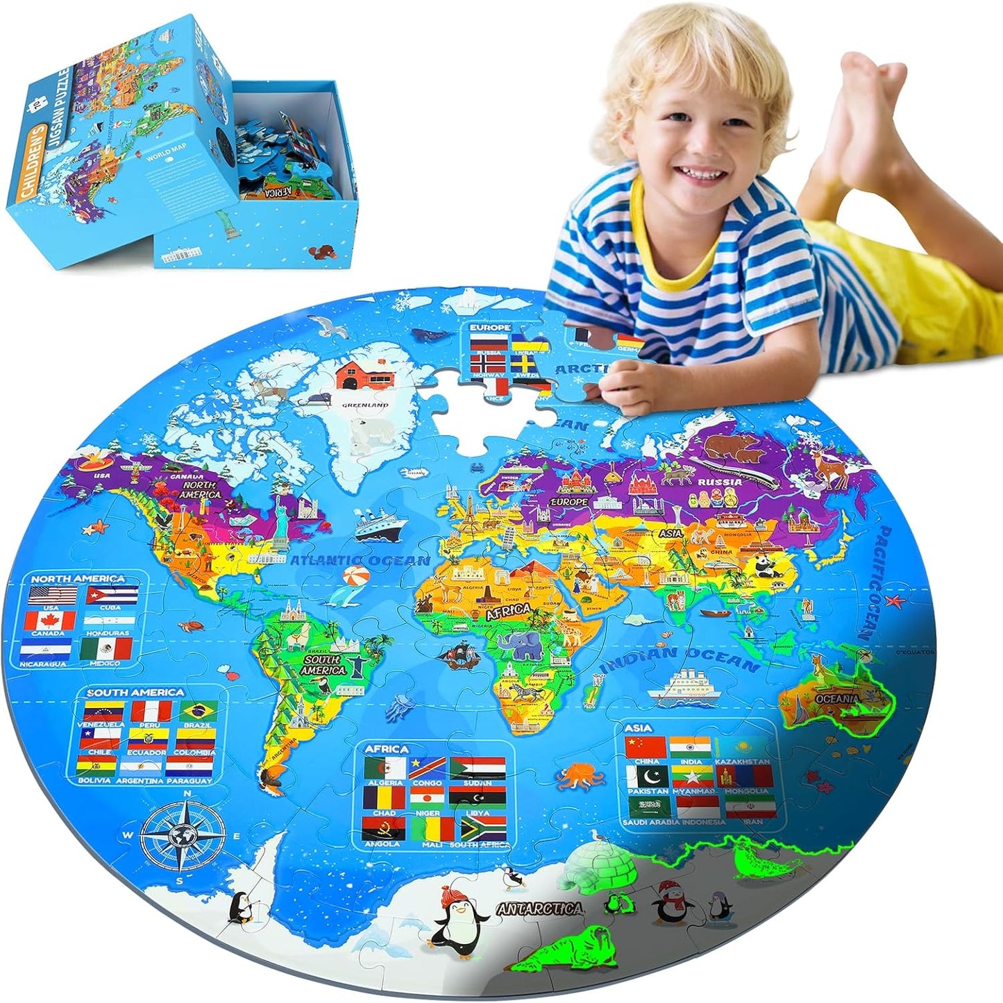 Glow-in-The-Dark Dinosaur Floor Puzzles for Kids Ages 4-6, Kids Jigsaw Puzzles Ages 6-8, 70PCS Large Round Dino Educational Puzzle Toys for 3 4 5 6 7 8 Years Old Children, Easter Gifts for Kids