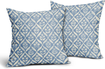 Blue Green Floral Block Print Pillow Covers 12X20 Set of 2, Flower Pattern Spring Summer Print Decorative Throw Pillow Covers Outdoor Farmhouse Seasonal Cushion Case Couch Sofa Bed Decor