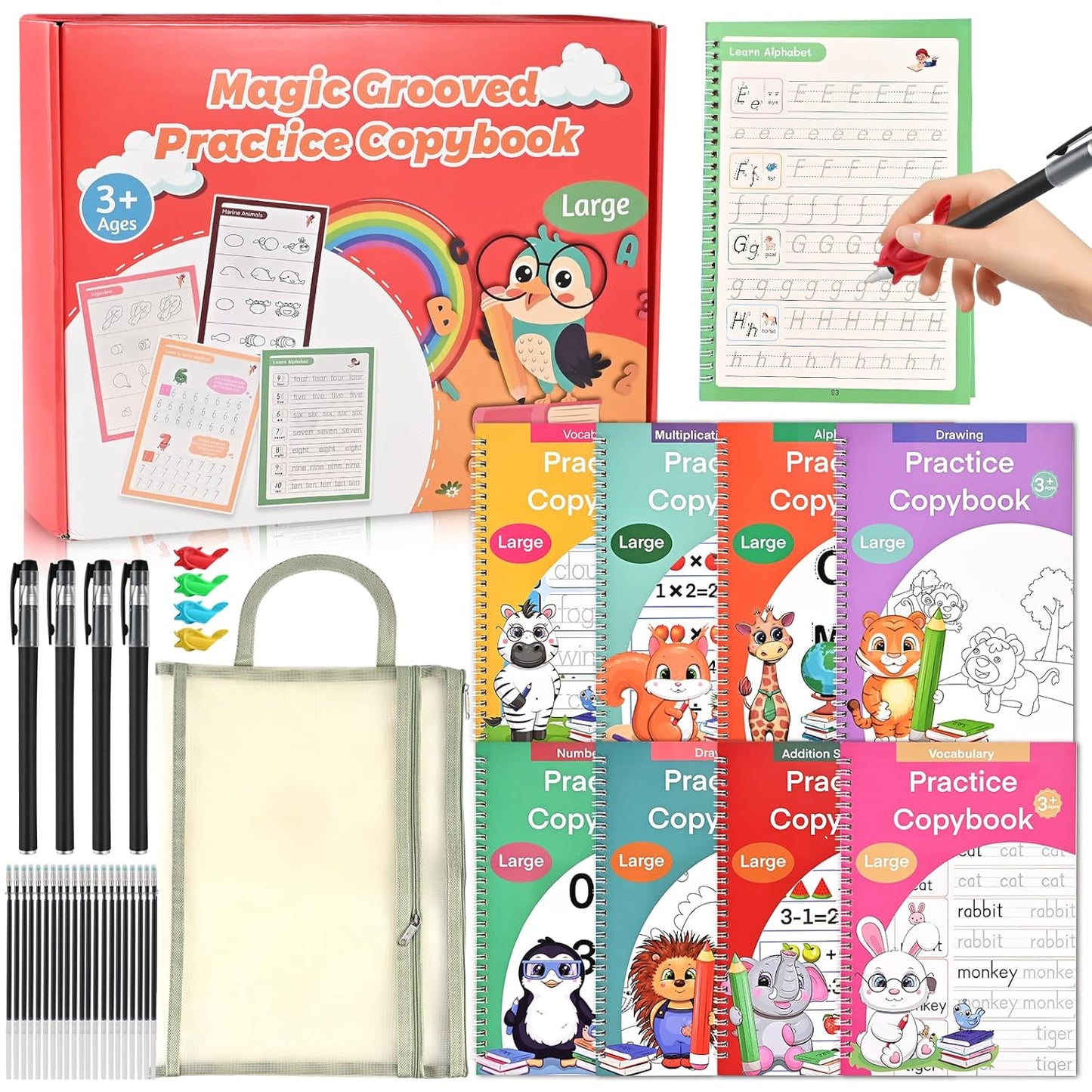 Magic Grooved Practice Copybook for Kids 3-8 - 6 Reusable Handwriting Practice Books with Pens | Letter & Number Tracing, Math & Drawing | Preschool & Kindergarten Workbook Set