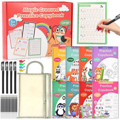 Magic Grooved Practice Copybook for Kids 3-8 - 6 Reusable Handwriting Practice Books with Pens | Letter & Number Tracing, Math & Drawing | Preschool & Kindergarten Workbook Set