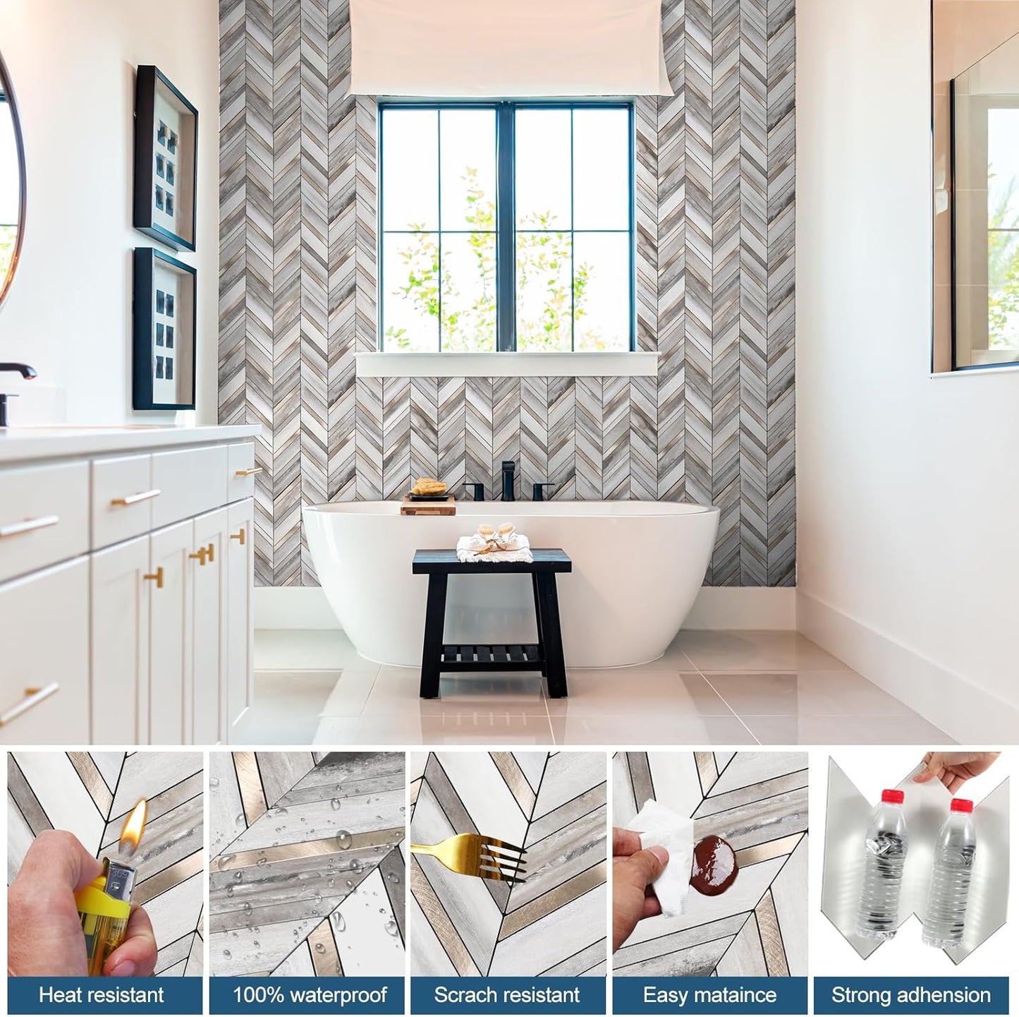 Yipscazo 10 Sheets Herringbone Backsplash Peel and Stick Tile, Marble Calacata Mixed Metal Gold PVC Stick on Backsplash for Kitchen, Waterproof Self Adhesive Wall Tile for Bathroom