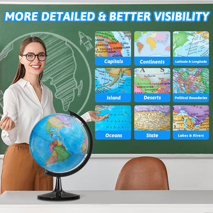 Classroom Globes Elementary, 13in Large Globe More Detailed with Countries & Capitals & State Capitals, Political Teaching Tool for Adults & Children - No Assembly Required