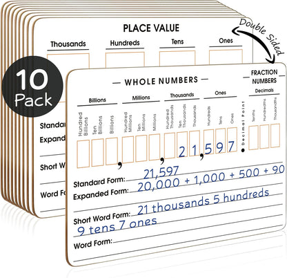SCRIBBLEDO 10 Pack Place Value Board 9" x 12" Double Sided Dry Erase Boards for Kids for Teaching Place Values from Billions to Decimal Numbers Math Manipulative Lapboard for Teachers School Classroom