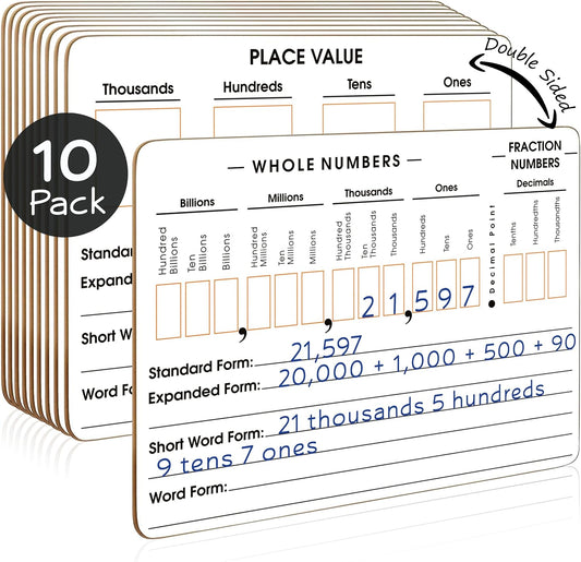SCRIBBLEDO 10 Pack Place Value Board 9" x 12" Double Sided Dry Erase Boards for Kids for Teaching Place Values from Billions to Decimal Numbers Math Manipulative Lapboard for Teachers School Classroom