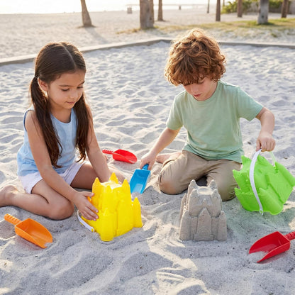 Realspring 4 Pcs Sand Castle Building Kit, 4 Sandbox Castle Molds Beach Buckets and 4 Sand Shovels Tools for Kids Summer Gift Beach Toys Toddlers Sandcastle Building Kit