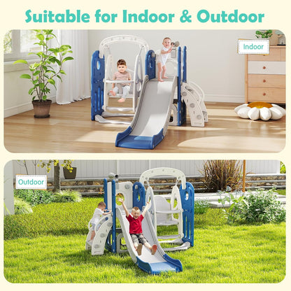 kinbor 6 in 1 Toddler Slide PlaySet - Indoor Outdoor Fun for Kids Ages 1-3, Includes Basketball Hoop, Telescope, Storage & Climber, Safe, Sturdy Baby Slide for Backyard Playground, Blue