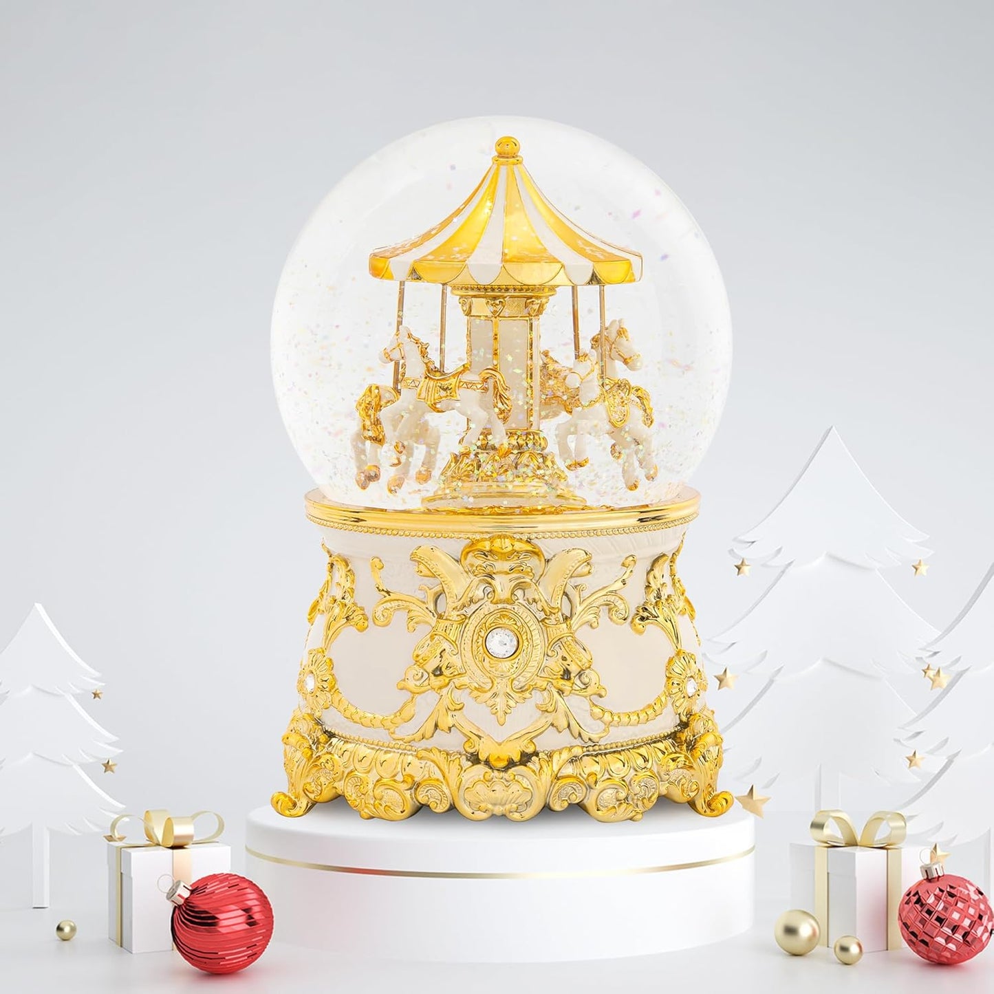 Carousel Music Box Gold & Ivory Christmas Snow Globes, 8.3" Rotate Carousel Snow Globe for Kids & Adults, Classic Wind up Musical Snow Globe Birthday Gifts for Women Girls, Carousel Horse Home Decor