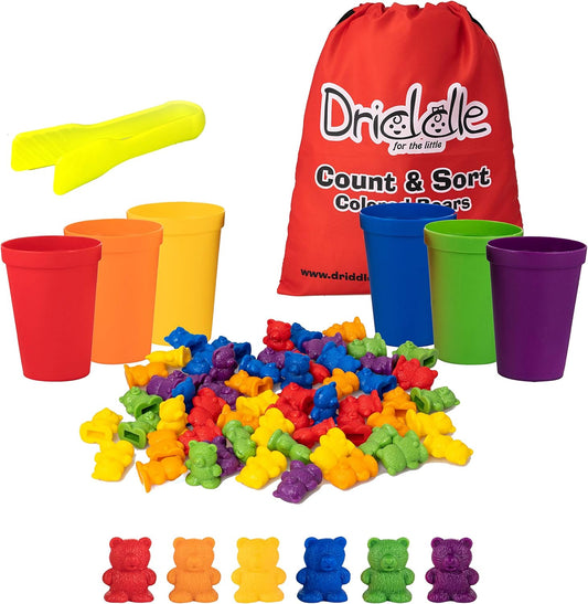 Driddle Colorful Counting Bears with Matching Cups - 100 Bears - Sort, Count & Color Recognition Learning Toy for Toddler & Kids - Montessori Education - Preschool Game