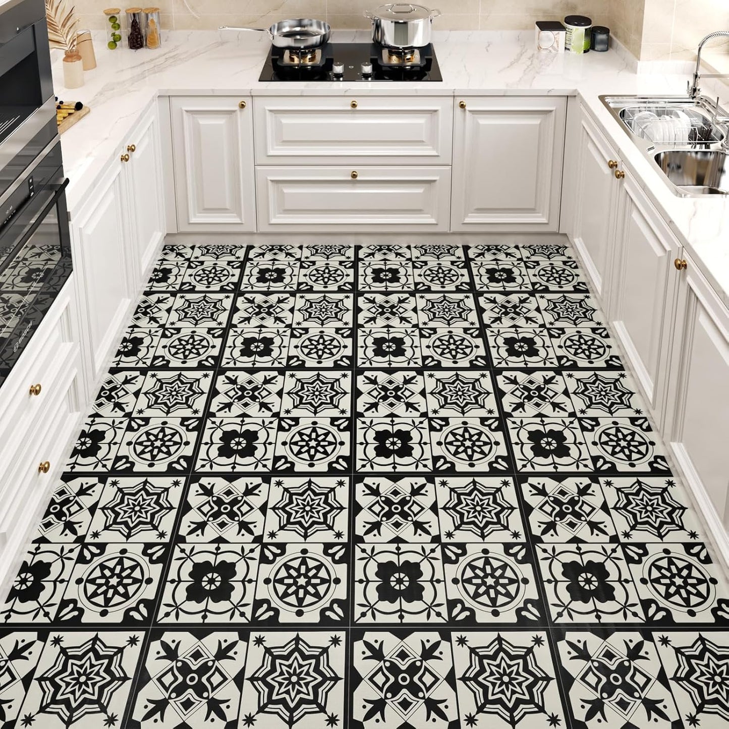 Wallercity White Marble Peel and Stick Vinyl Floor Tiles 6-Pack 12x12 Inches Self Adhesive Waterproof Flooring Planks for Bathroom Kitchen Bedrooms Stick on Floor Tiles Laminate Sheets Vinyl Flooring