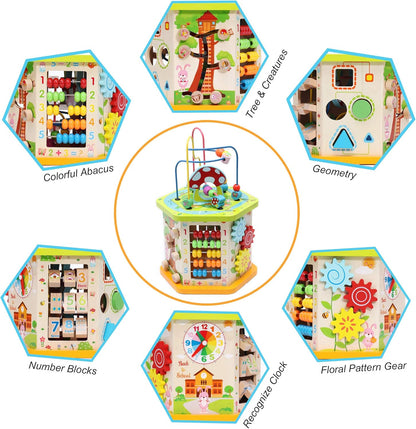 LAVIEVERT 9-in-1 Wooden Play Cube Activity Center Multifunctional Bead Maze Shape Sorter Educational Toys Game for Toddlers & Kids