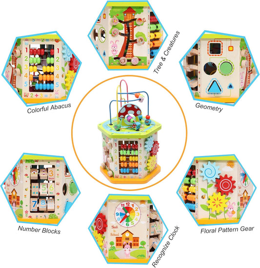 LAVIEVERT 9-in-1 Wooden Play Cube Activity Center Multifunctional Bead Maze Shape Sorter Educational Toys Game for Toddlers & Kids