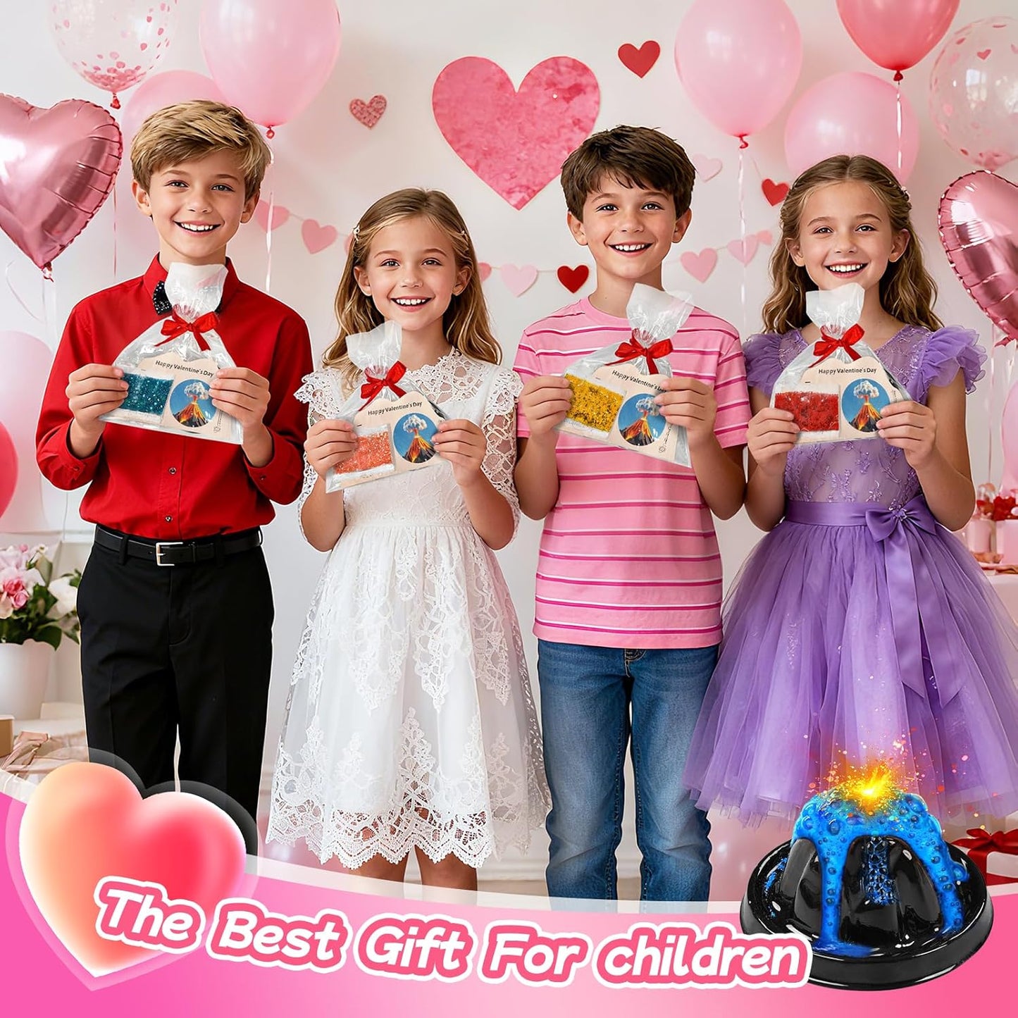 28 Pack Valentine's Day Gift Erupting Volcano Kit with Greeting Cards Volcano Science Experiment Party Favor STEM Educational Toys School Gifts Exchange Classroom Prizes for Boys Girls