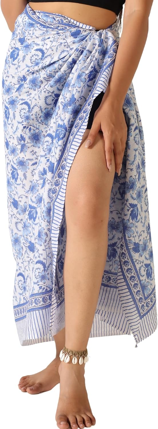 100% Cotton Sarong Cover Up for Women Indian Block Print Beach Wrap Skirt Long Boho Swimsuit Bikini Pareo (73” x 43”)