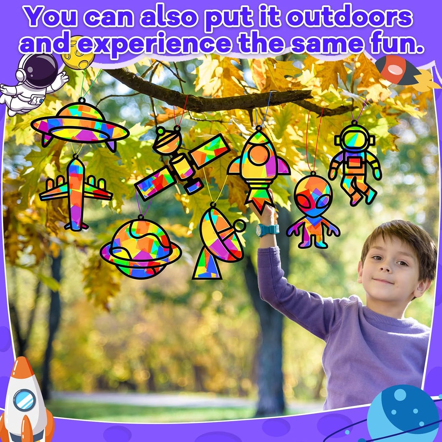 32 Sets Outer Space Suncatchers Craft Kit DIY Window Stained Glass Effect Planet Astronaut Alien Paper Crafts Home School Classroom Decoration Kid Birthday Gift Creative Art Project Activity Game - Colors A