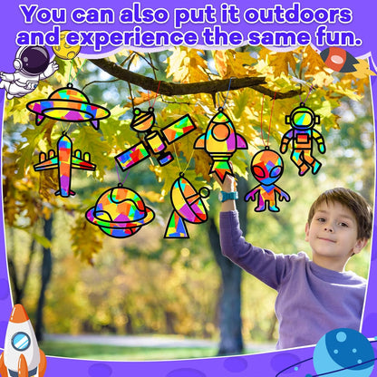 32 Sets Outer Space Suncatchers Craft Kit DIY Window Stained Glass Effect Planet Astronaut Alien Paper Crafts Home School Classroom Decoration Kid Birthday Gift Creative Art Project Activity Game - Colors A