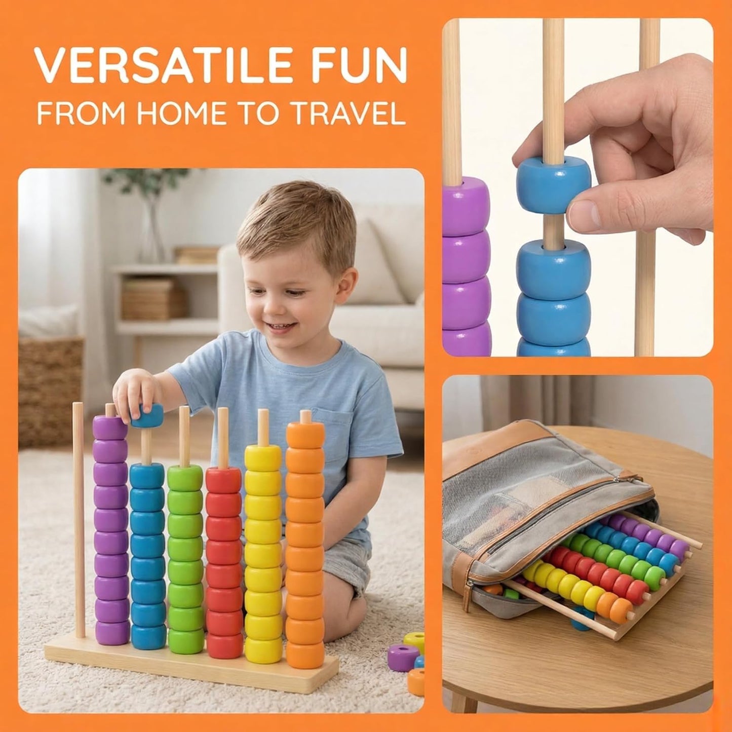 Color Matching Stacking Puzzle Game, Wooden Color Stack Challenge Game with Racks, 60 Rings, Fast Pattern Challenge Ring Stack Puzzle for Family Game Night (1 Set for 1 Player)
