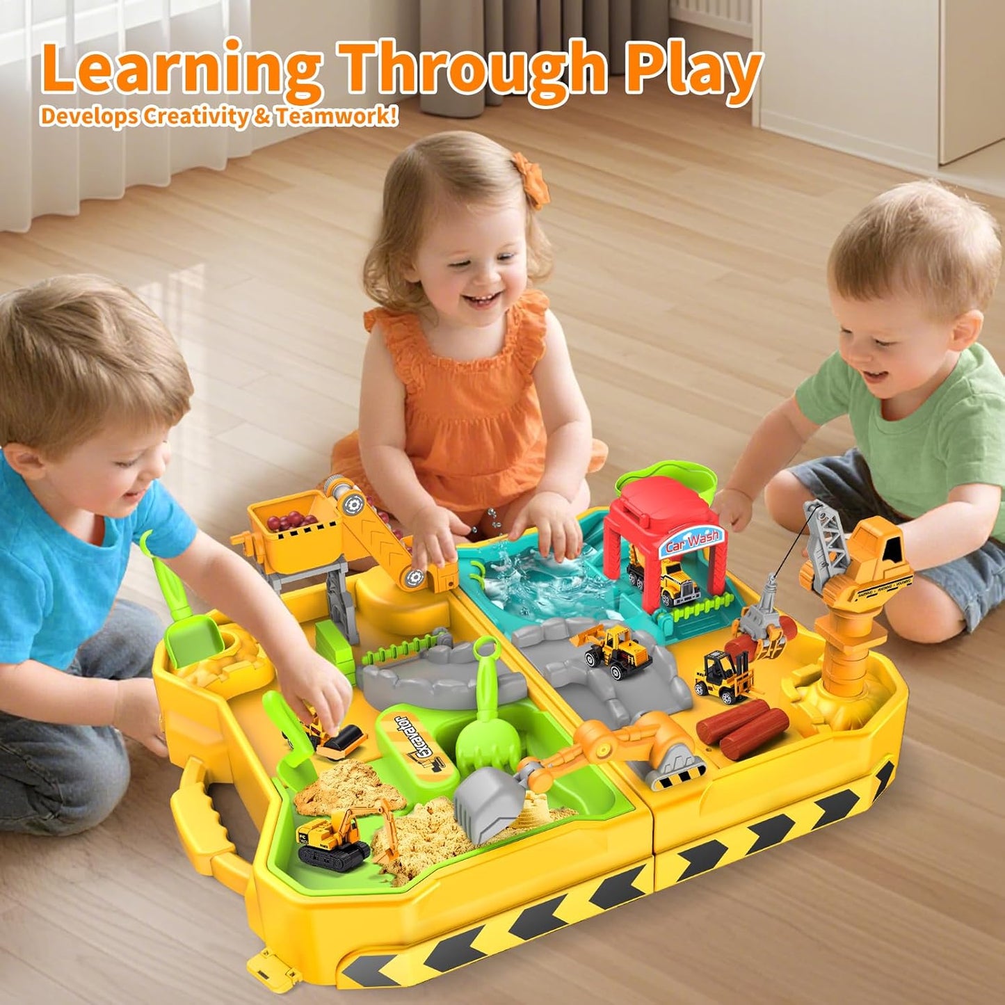 Construction Sand Kit with Foldable Sandbox Case - 1.1lbs Sensory Play Sand, 4 Alloy Trucks & Molds - Mess-Free Travel Beach Toys for Toddlers 3-5, Portable Dry-Wet Separation Design