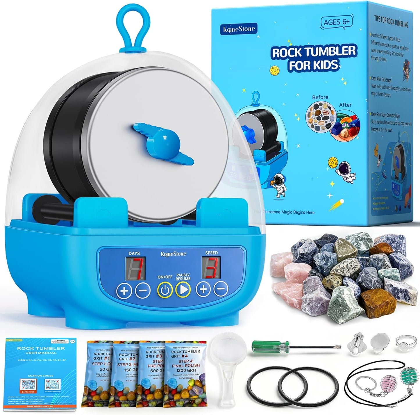 KomeStone K5 Rock Tumbler for Kids & Starters– Dual Noise-Reducing Rock Polisher with Timer, 3 Speeds & Memory Function, Complete Stone Tumbling Kit with Gems & All Accessories – A Fun STEM Gift