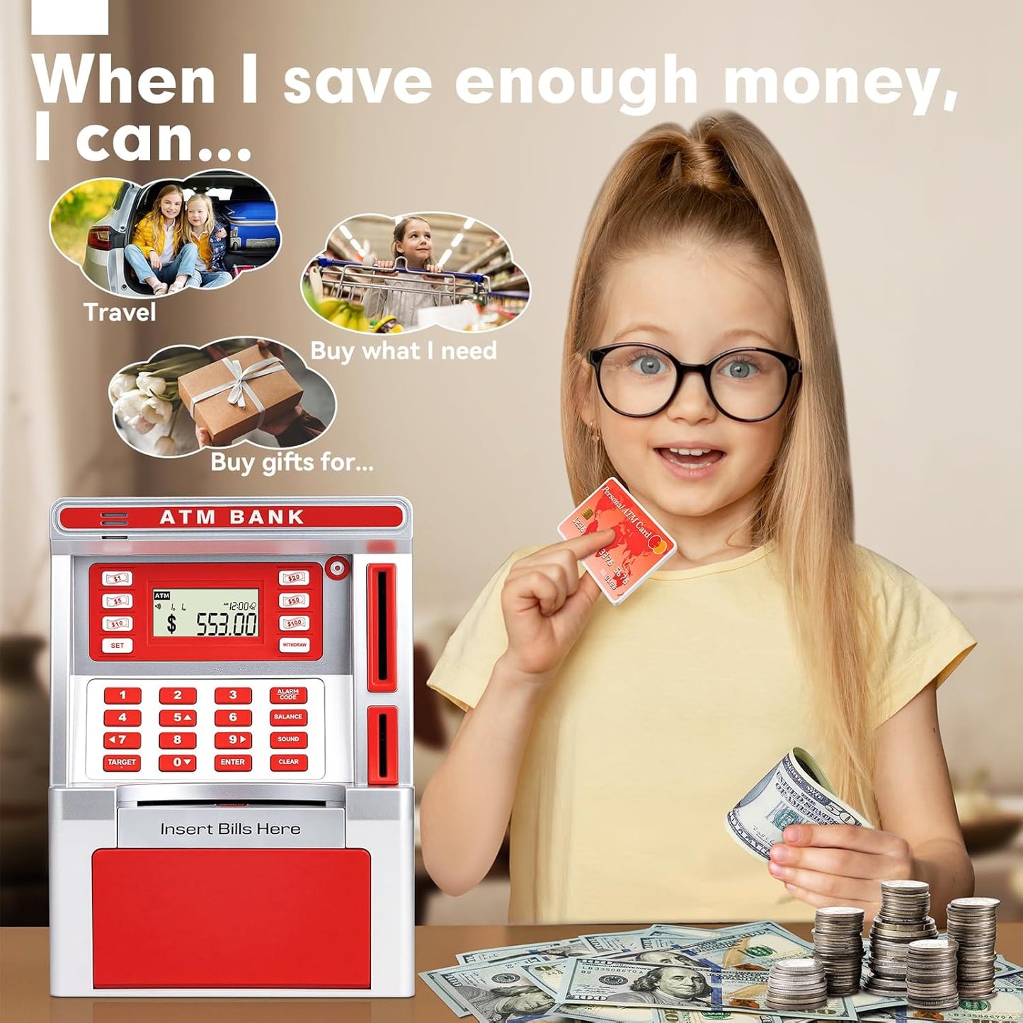 BAODLON Piggy Bank for Kids, ATM Machine Bank for Real Money with Debit Card, Bill Feeder, Coin Recognition, Balance Calculator, Electronic Savings Safe Box, Cool Stuff Toys Gifts for Teen Boys Girls