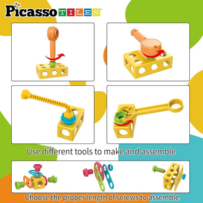 PicassoTiles 152pc STEM Construction Toy Building Set for Kids Ages 3+ Includes Power Drill, Ratchet, Idea Book, Storage Box Educational Engineering Science Kit & Sensory Toys for Boys & Girls PTN152