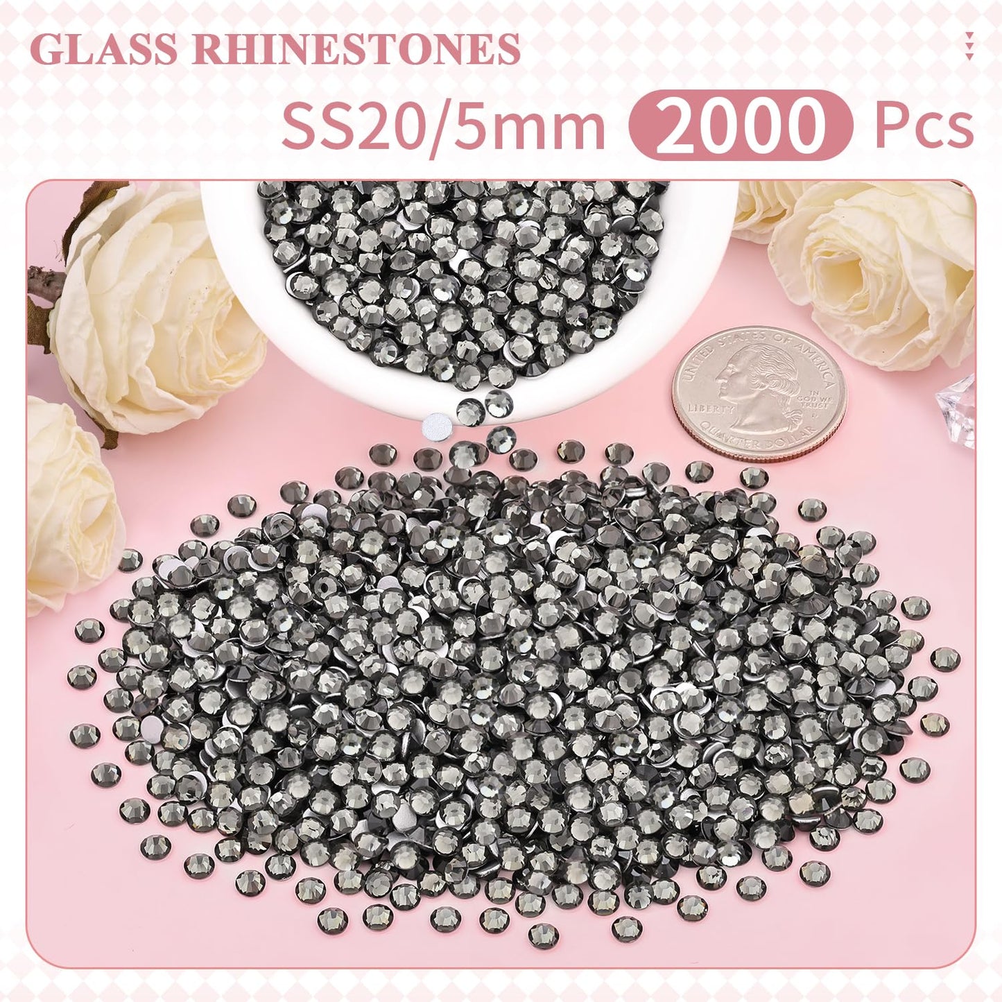 5000PCS SS6/2mm Glass Crystal Rhinestones (Clear), Bedazzling Flatback Rhinestones for Crafting DIY Crafts Nail Art Makeup Decoration, Gems Diamond Charms for Tumbler Shoes Clothing Mug