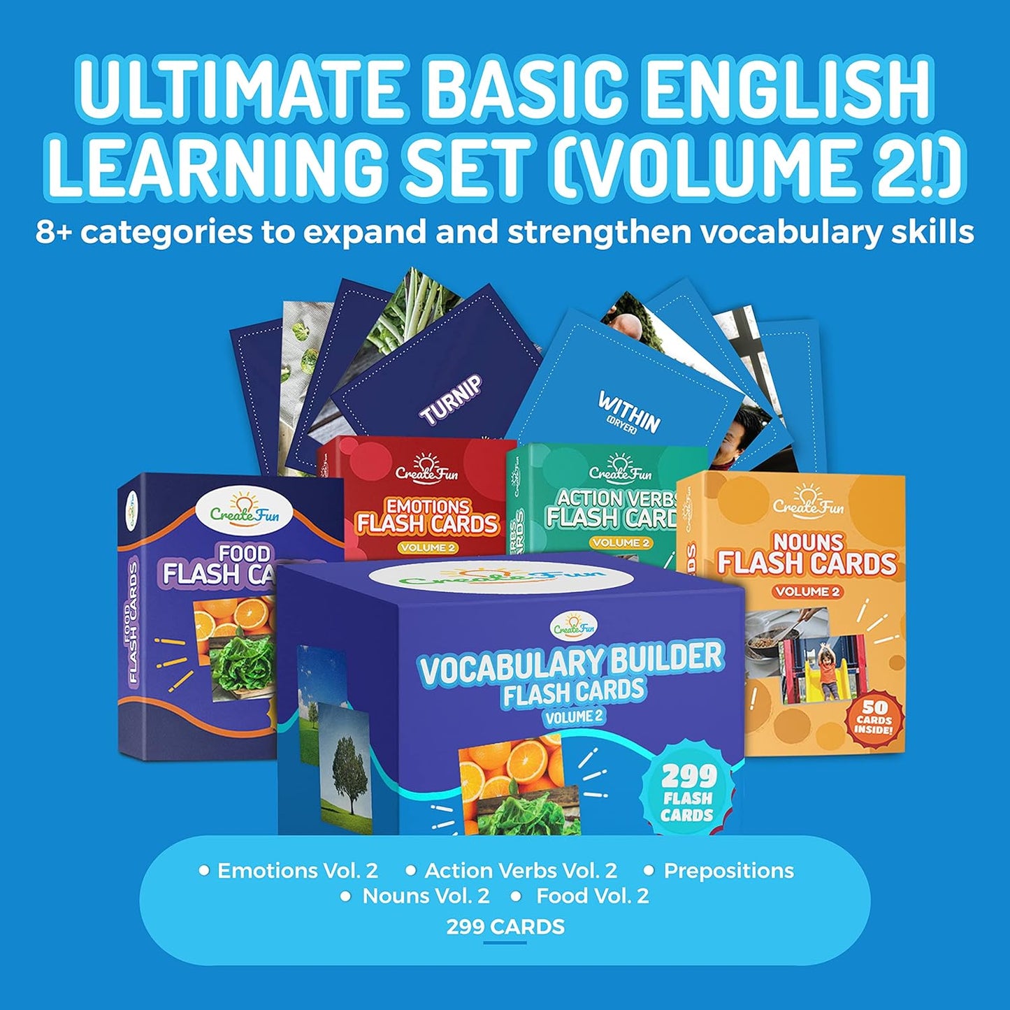299 Vocabulary Builder Flash Cards, Educational Photo Cards for Home, Speech Therapy Materials, ESL Teaching Materials Includes Emotions, Matching Go Togethers, Nouns, Opposites, Prepositions, Verbs