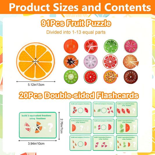 Fruit Fraction Tiles, 1/1-1/13 Montessori Math Fraction Manipulatives, 1st - 5th Grade Classroom Must Haves Fraction Games Puzzle, Elementary Homeschool Essentials Math Manipulatives