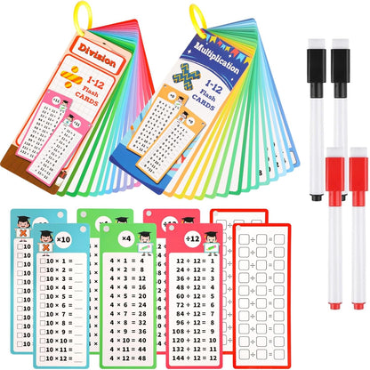 30 Pcs Multiplication and Division Flash Cards with 4 Dry Erase Pens 2 Rings Educational Time Table Cards Set Math Chart Games for 1st to 3rd Grades