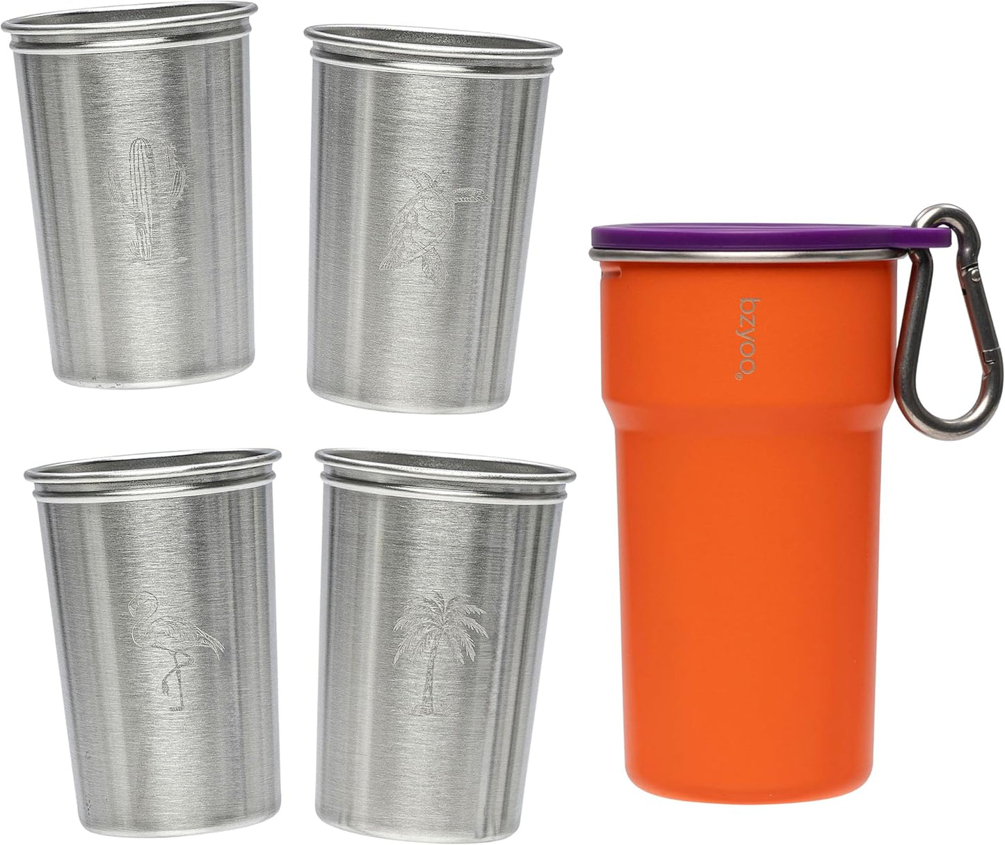 bzyoo 5-Piece Nesting Camping Cups Set - 9oz Stackable Stainless Steel Mugs with Patterned Designs & Integrated Carry Hook, Space-Saving Portable Outdoor Mess Kit for Family Hiking, Backpacking & RV