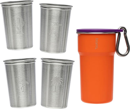 bzyoo 5-Piece Nesting Camping Cups Set - 9oz Stackable Stainless Steel Mugs with Patterned Designs & Integrated Carry Hook, Space-Saving Portable Outdoor Mess Kit for Family Hiking, Backpacking & RV