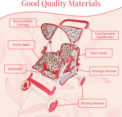 The New York Doll Collection First Twin Stroller - Cutest Heart Design Baby Strollers Great Toy Gift for Toddlers and Girls (Denim) Blue,pink