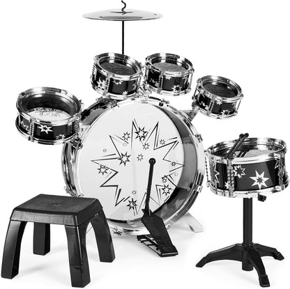 Best Choice Products 11-Piece Kids Beginner Drum Kit, Musical Instrument Toy Drum Set for Music Practice w/Bass, Toms, Snare, Cymbal, Stool, Stand Drumsticks - Black
