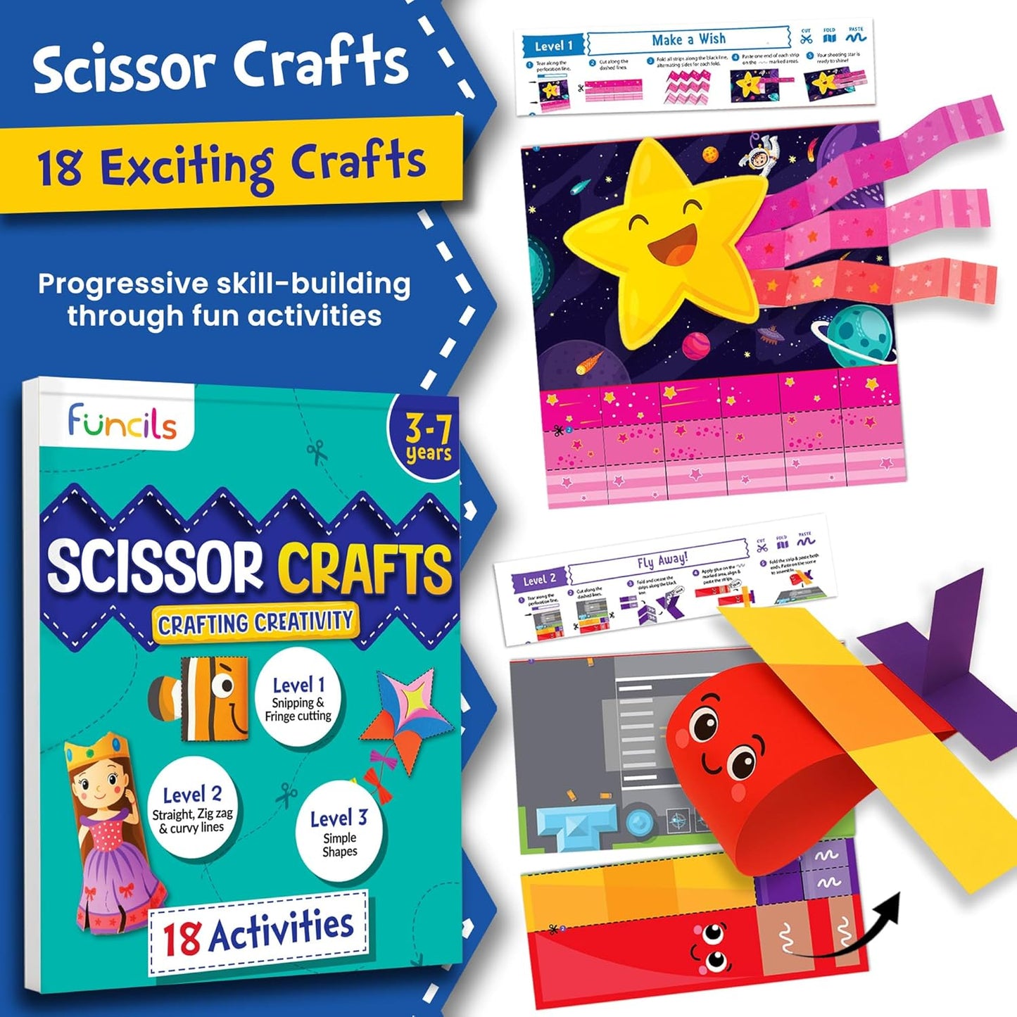 Funcils Toddler Scissor Skills - Art Supplies & Crafts Kit for Kids, Safety Scissors, Fine Motor Toys, Montessori Gifts for Boys & Girls Ages 3, 4, 5, 6, 7 Year Old, Preschool Learning Activity Books