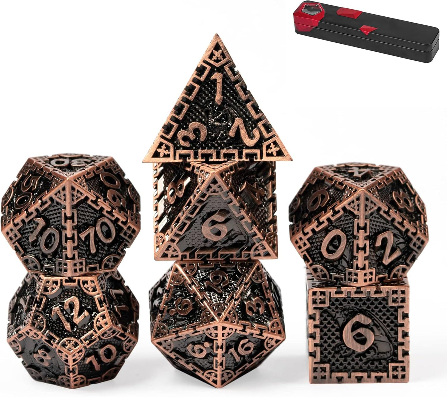 UDIXI Steampunk Metal Dice Set, 7 Die Polyhedral DND Dice Set for D&D Role Playing Game and Math Teaching (Ancient Copper)