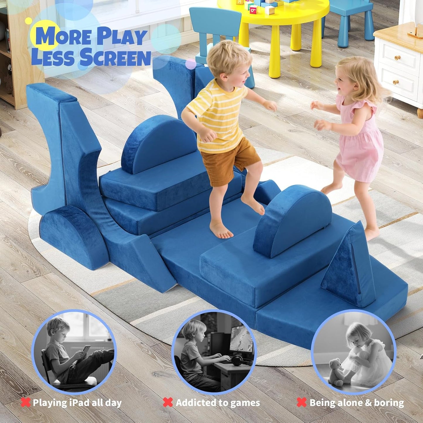 Tangram Puzzles modular kids play couch building fort, Children explorer sofa with Ball Pit, Kids playroom convertible furniture for Inspiring Child Creativity, Made entirely of sponge (Blue Series)