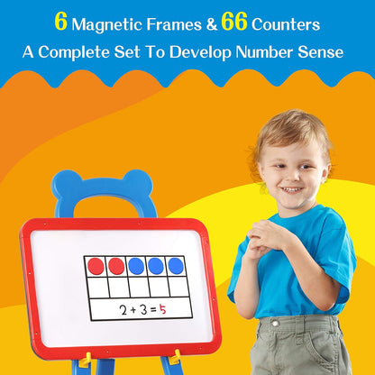 Magnetic Ten-Frame Set, 6 Frames & 66 Colorful Star-Shaped Counters Ten Frame Math Games Manipulative Counting Toys for Kindergarten Preschool, 6 Colors & 2 Markers (Fridge & Hand-held)