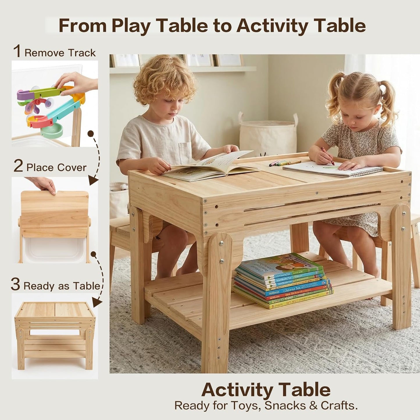 Water Table for Toddlers, Adjustable Height Wooden Sand and Water Table with 2 Collapsible Bins, Acrylic Activity Board, Water Track Toys & 16-Piece Play Set, Indoor Outdoor, Ages 3+