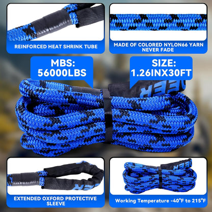Kinetic Recovery Rope, 1" x 30ft 48500LBS, Kinetic Rope Recovery Kit with 2 Soft Shackles, Heavy Duty Offroad Snatch Strap, 35% High Elasticity Tow Ropes for Trucks SUV UTV, Black & Green Mixed